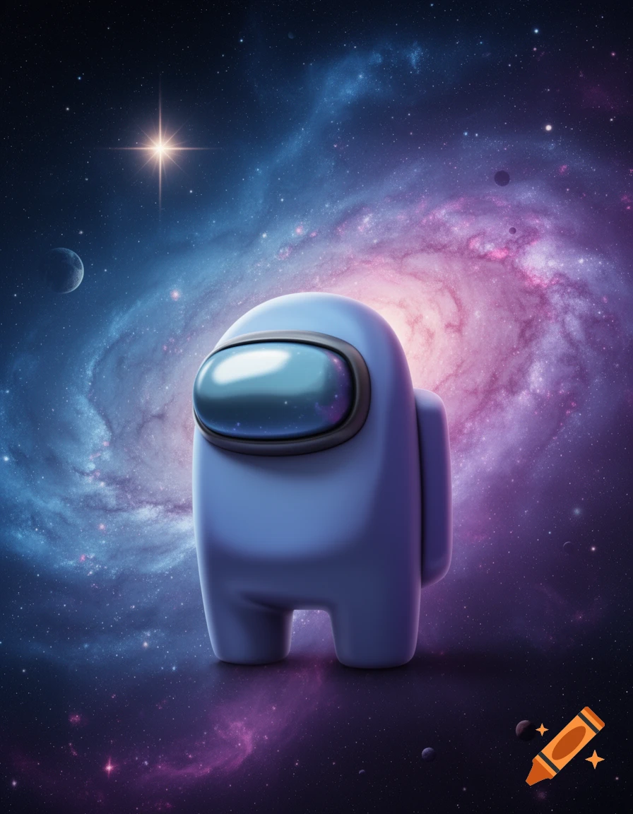 A blue Among Us character stands in deep space with a bright, colorful galaxy and a shining star in the background.