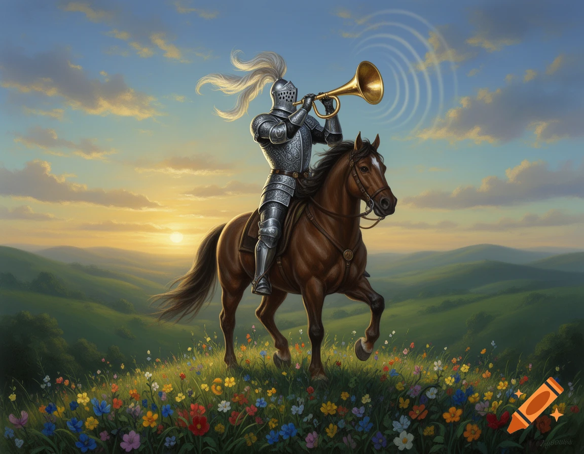 A knight in shining armor on horseback blows a golden horn in a vibrant flower field at sunset, a fantasy digital painting.