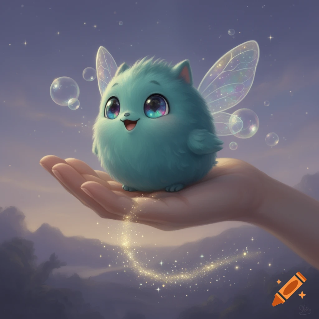 A fluffy teal creature with translucent wings and big shimmering eyes sits in a hand, emitting sparkles, under a magical starry sky with bubbles.