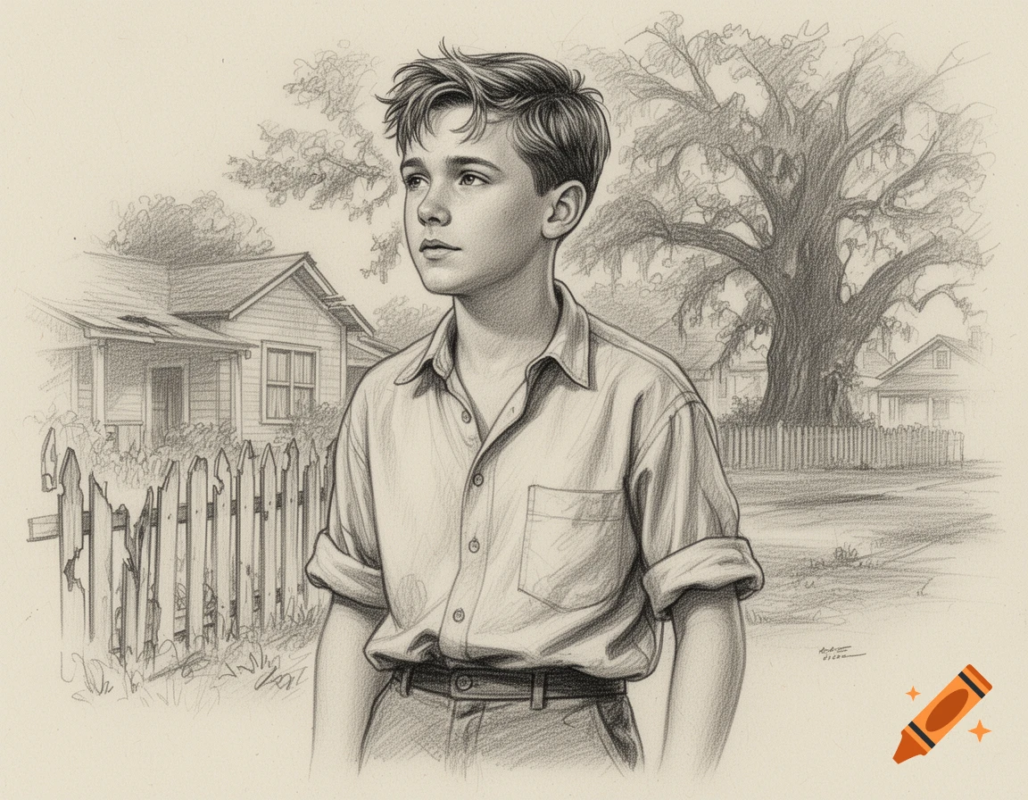 Pencil drawing of a young boy looking up, standing in front of a picket fence, house, and large tree.