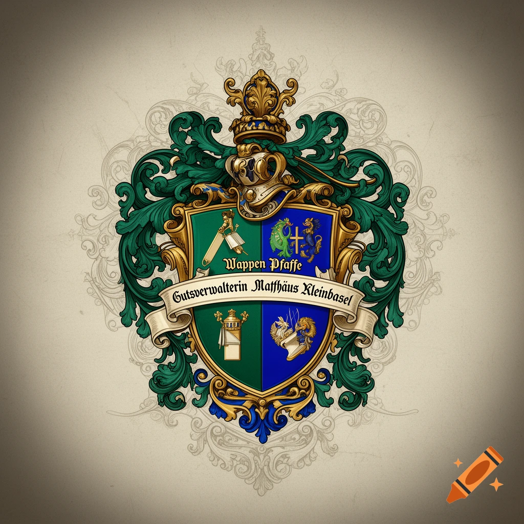An elaborate heraldic coat of arms with a gold crown, a green and blue shield, and a banner with German text, against a faded background.