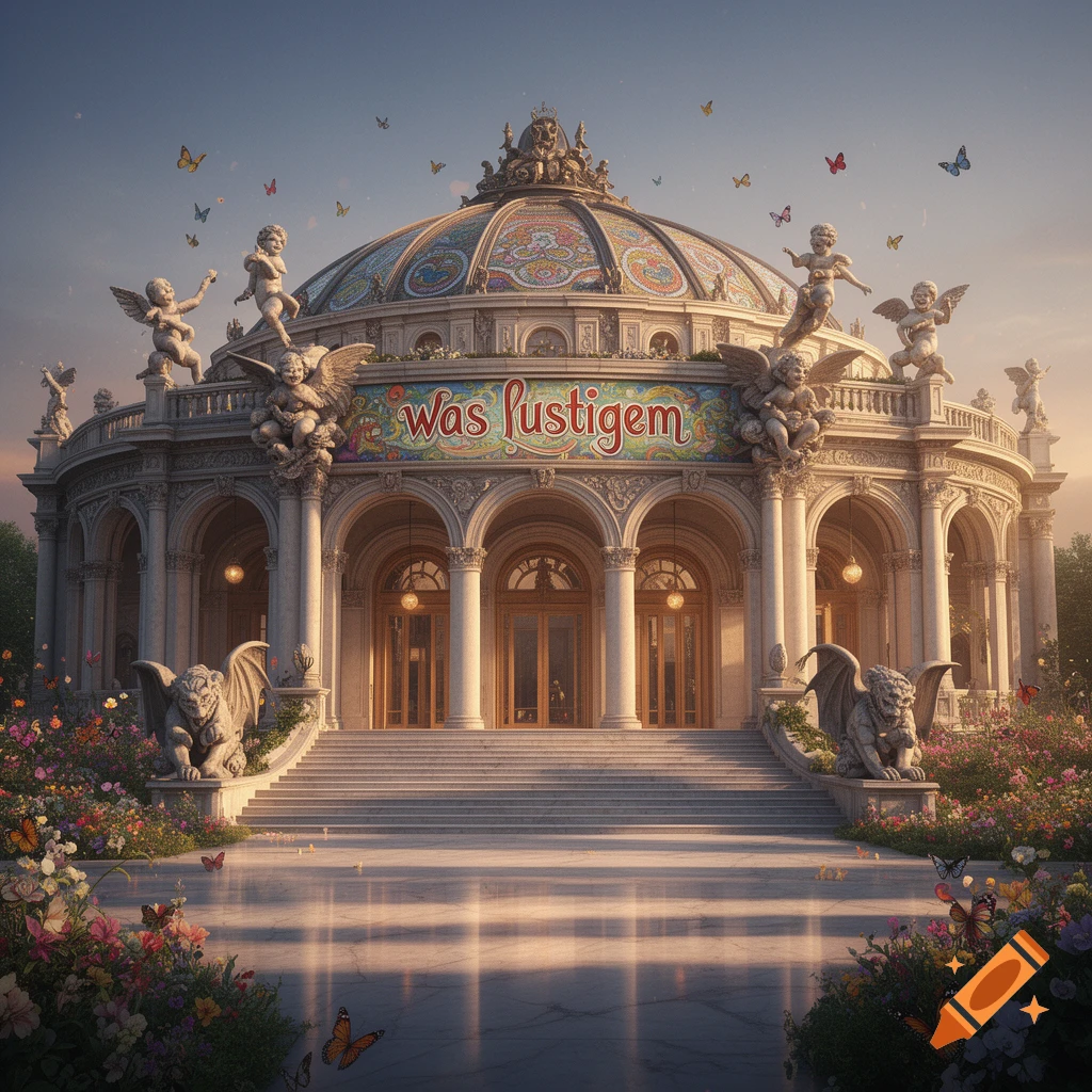 A grand ornate opera house with a mosaic dome, cherubs, gargoyles, and a banner reading 'Was Lustigem', surrounded by flowers and butterflies.