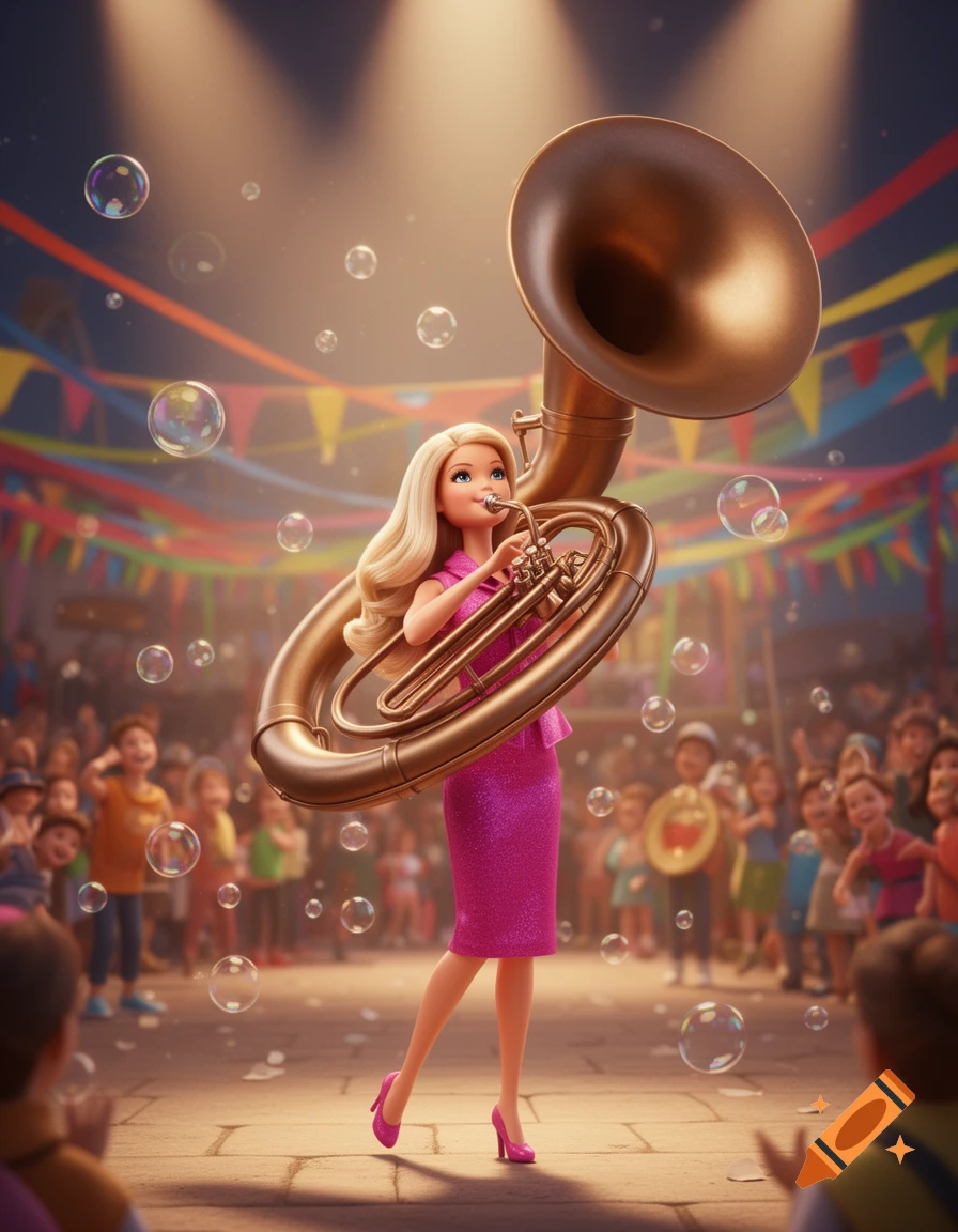 A 3D rendered Barbie doll in a sparkling pink dress plays a large bronze sousaphone at a festive outdoor event with bubbles and onlookers.
