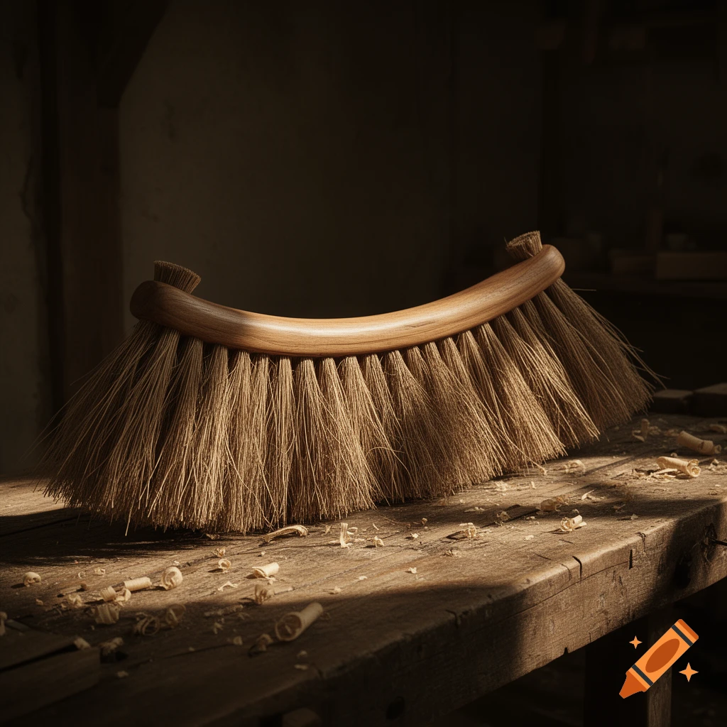 A curved wooden broom head with natural bristles rests on a rustic wooden workbench, illuminated by a beam of light, surrounded by wood shavings in a dark workshop.