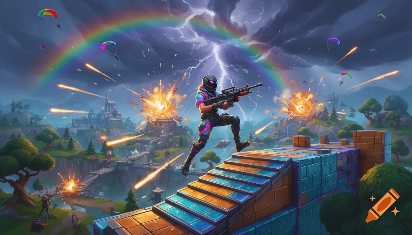 A colorful, action-packed Fortnite battle scene with a character holding a rifle on a ramp, against a backdrop of explosions, lightning, and a rainbow.