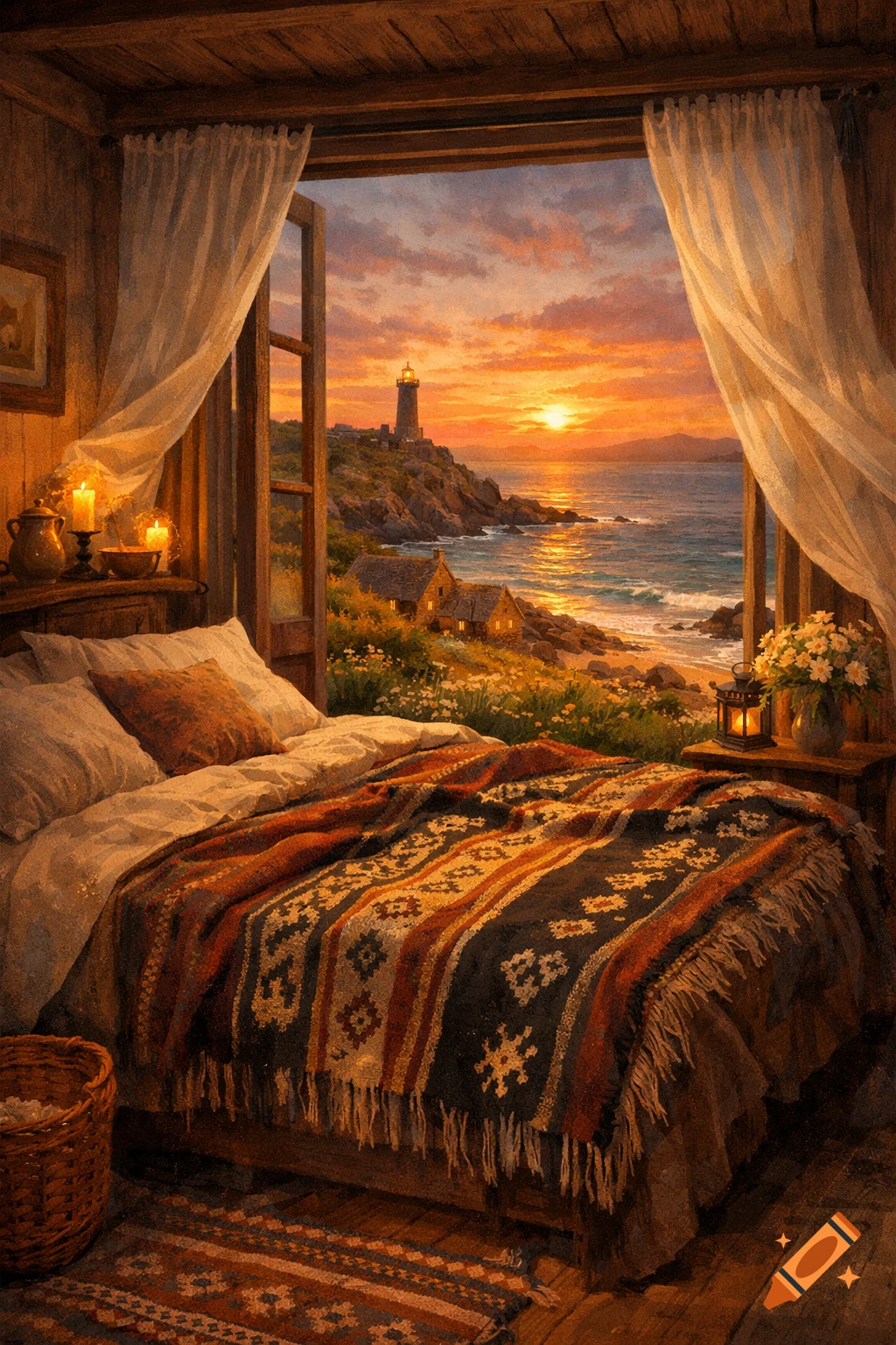 Cozy bedroom with a patterned blanket on the bed, looking out an open window at a painterly sunset over a coastline with a lighthouse.