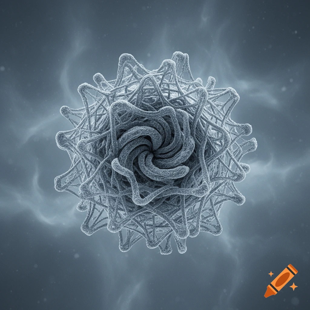 Microscopic grey-blue virus with a swirling core and an interlocking lattice against a textured background.