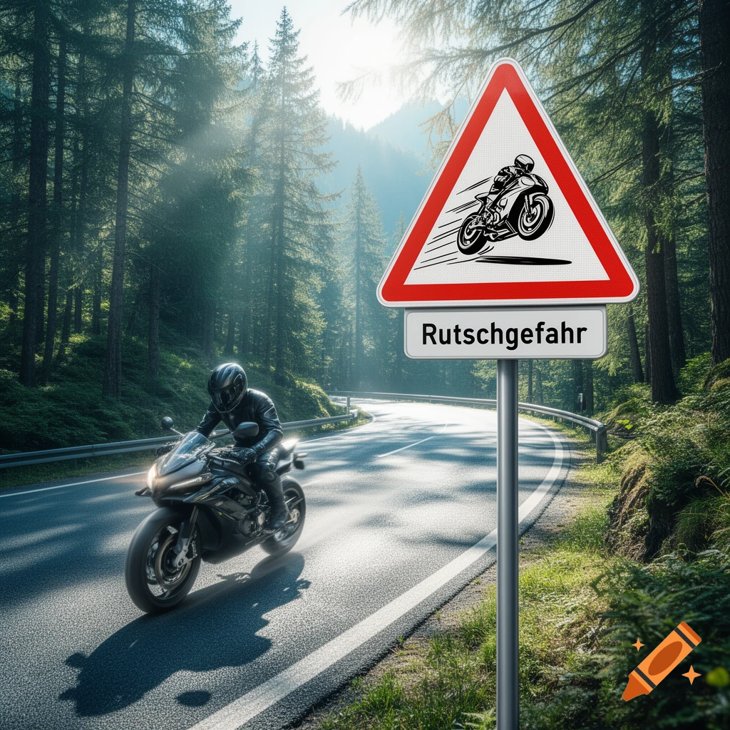 A motorcyclist in black gear rides a dark motorcycle on a winding mountain road next to a triangular 'Rutschgefahr' (Slippery Road) warning sign, with a lush forest and bright sunlight in the background.