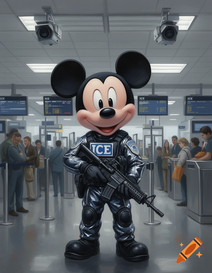 Mickey Mouse dressed as an armed ICE agent holding a rifle, standing in an airport security line with passengers in the background. The image has a somewhat painterly style.