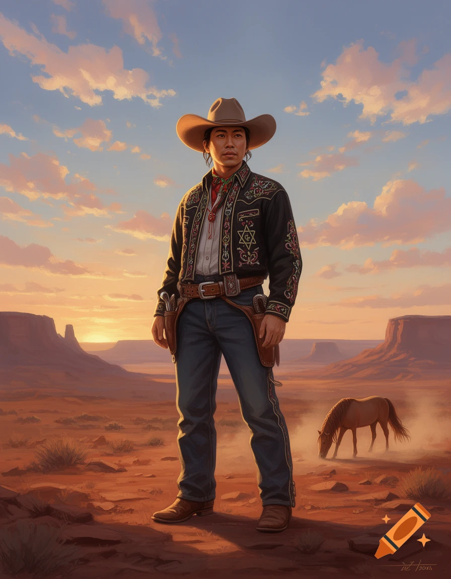 A photorealistic painting of an Asian cowboy in a decorated jacket, standing in a vast desert landscape at sunset, with a horse grazing in the background.