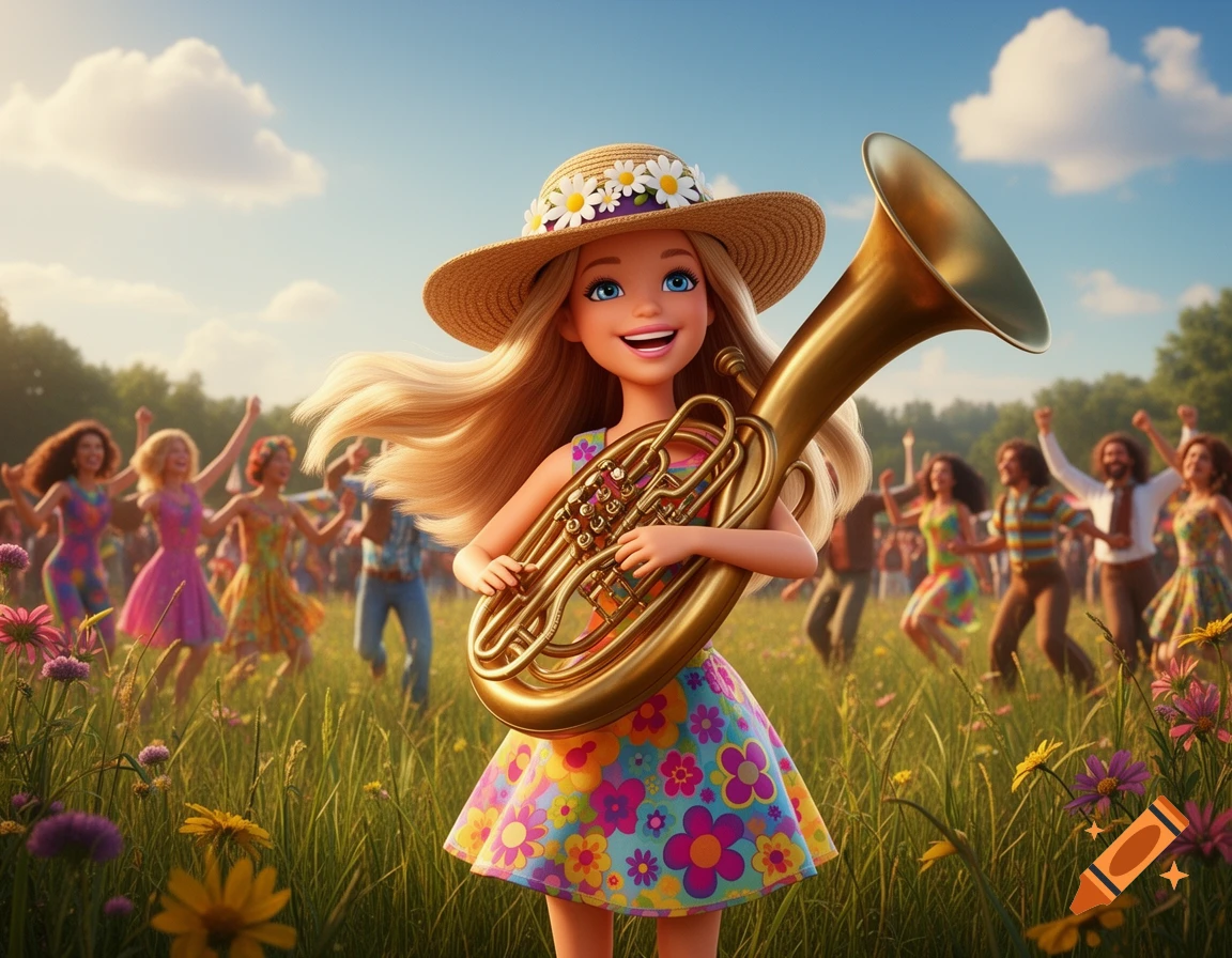 A 3D render of a smiling Barbie doll in a straw hat and floral dress, holding a brass sousaphone in a grassy field with a blurred crowd in the background.