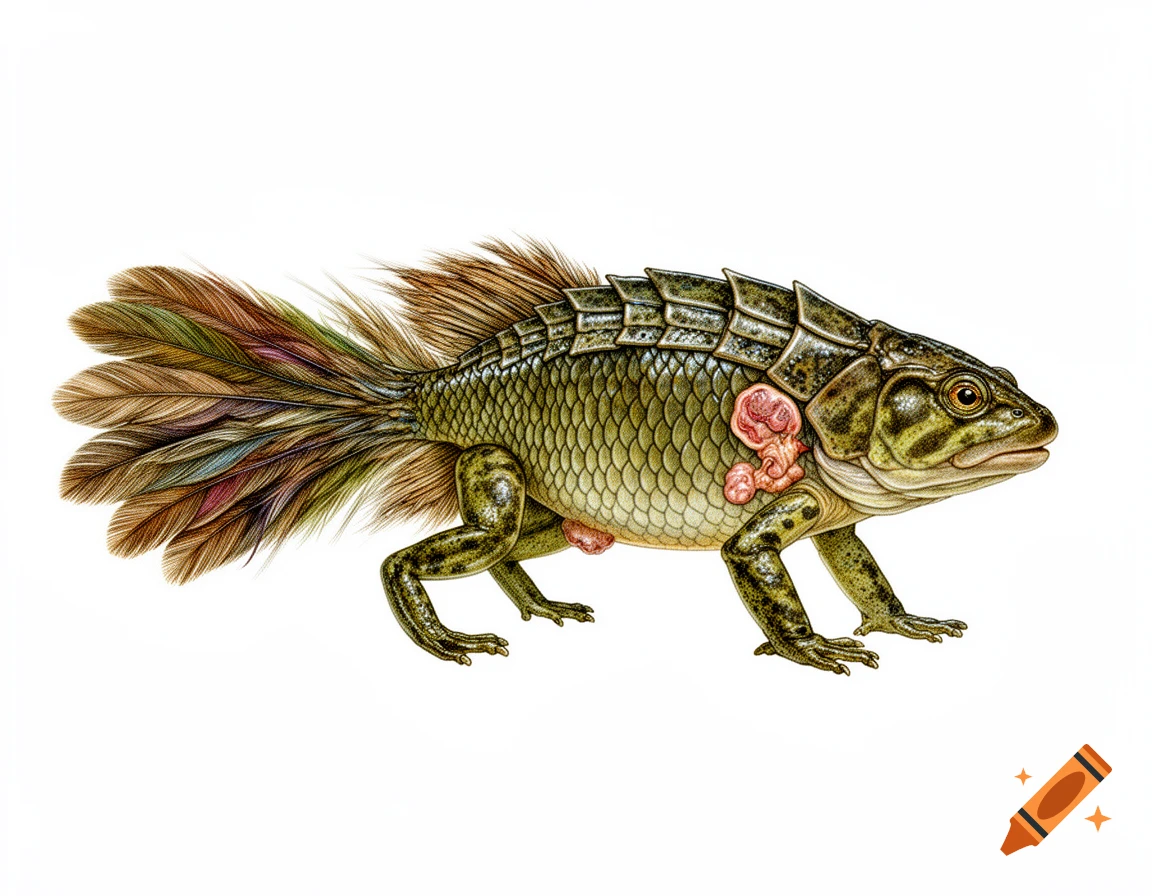 A detailed scientific illustration of a hybrid creature with fish scales, reptile plates, amphibian legs, and a feathered tail.
