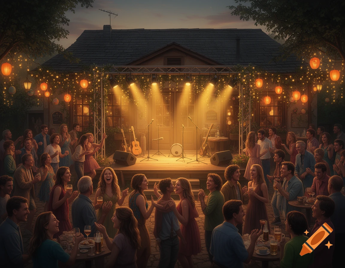 A lively crowd enjoys an outdoor concert at dusk, illuminated by stage lights and string lanterns.