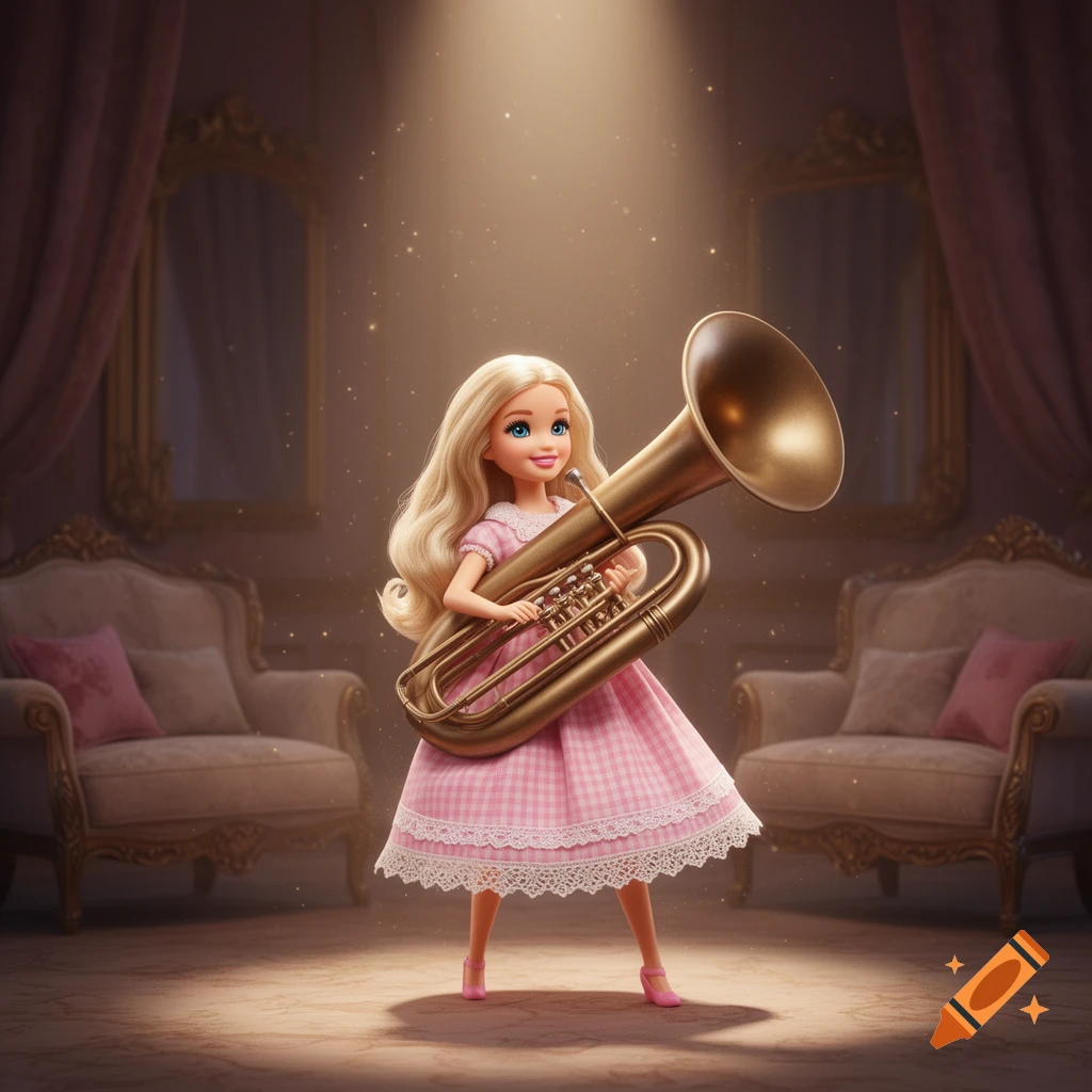 A Barbie doll in a pink plaid dress plays a bronze sousaphone under a spotlight in a fancy room, rendered in 3D.