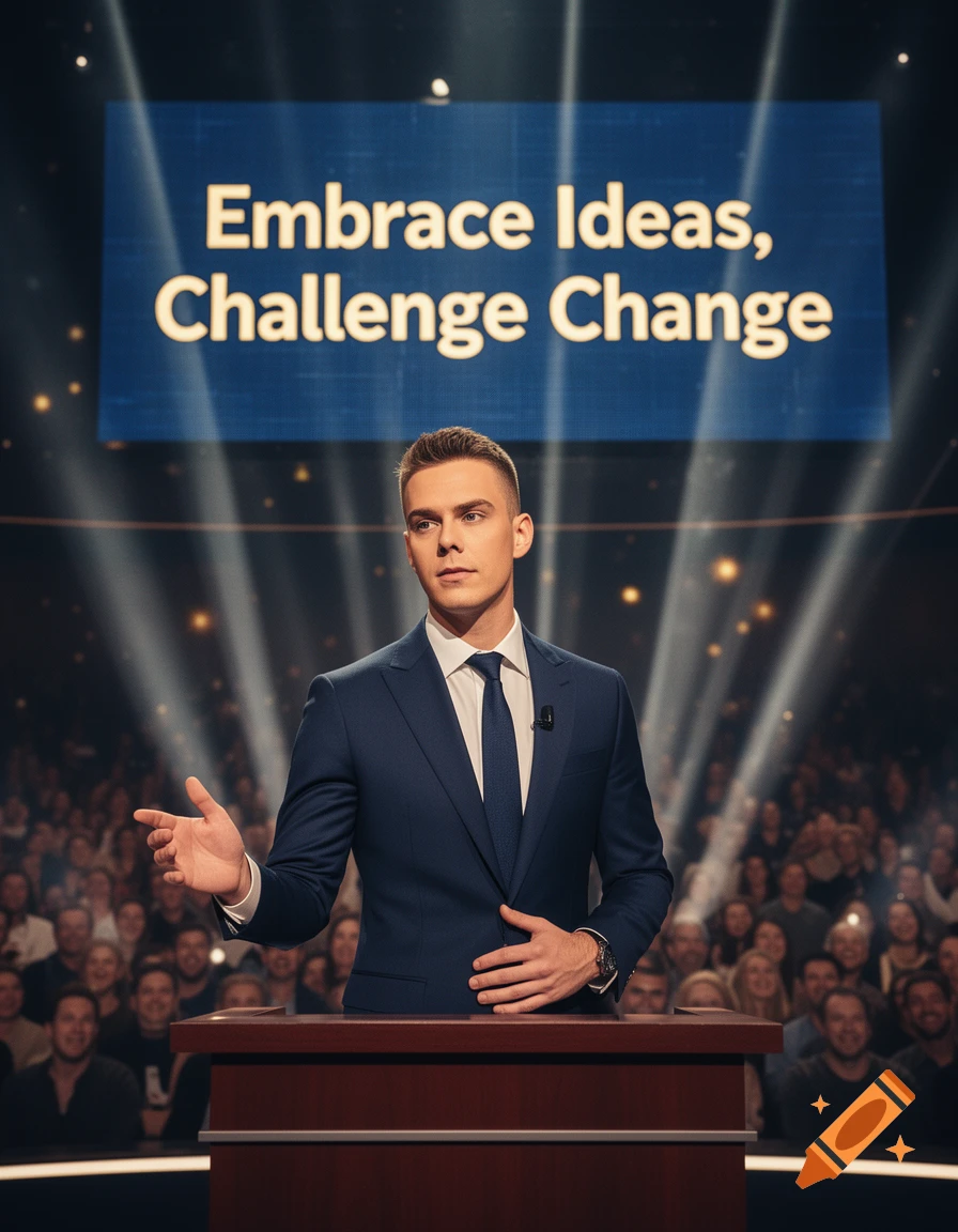 A man in a navy suit speaks at a podium to a large audience. A screen above reads 'Embrace Ideas, Challenge Change'.