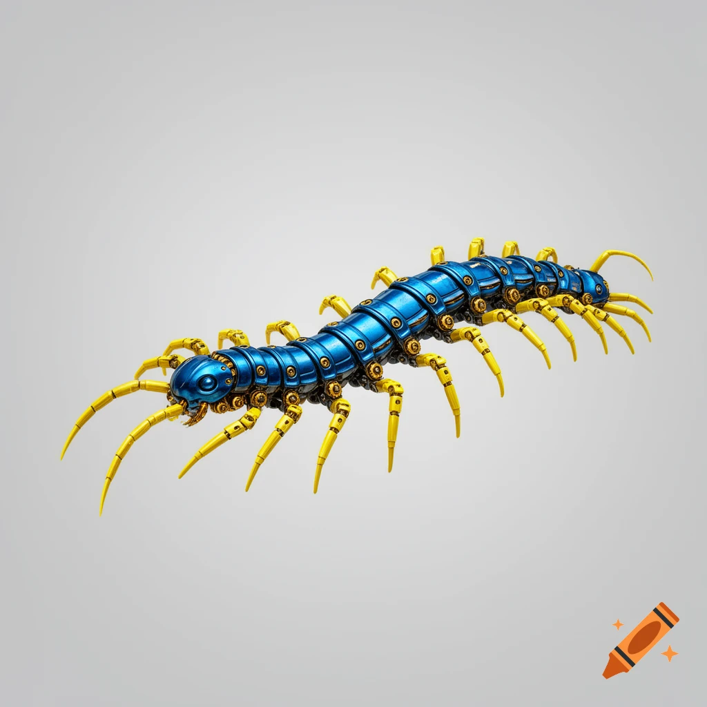 A highly detailed, shiny blue and gold mechanical centipede with many yellow legs, viewed from the side on a light gray background.