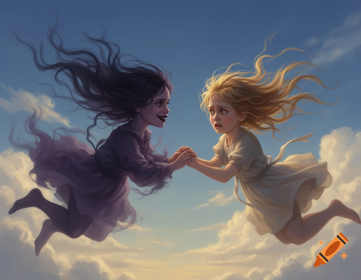 Two young girls floating above clouds, holding hands. One with dark hair and a sinister smile, the other with blonde hair and a scared expression, in an artistic illustration.