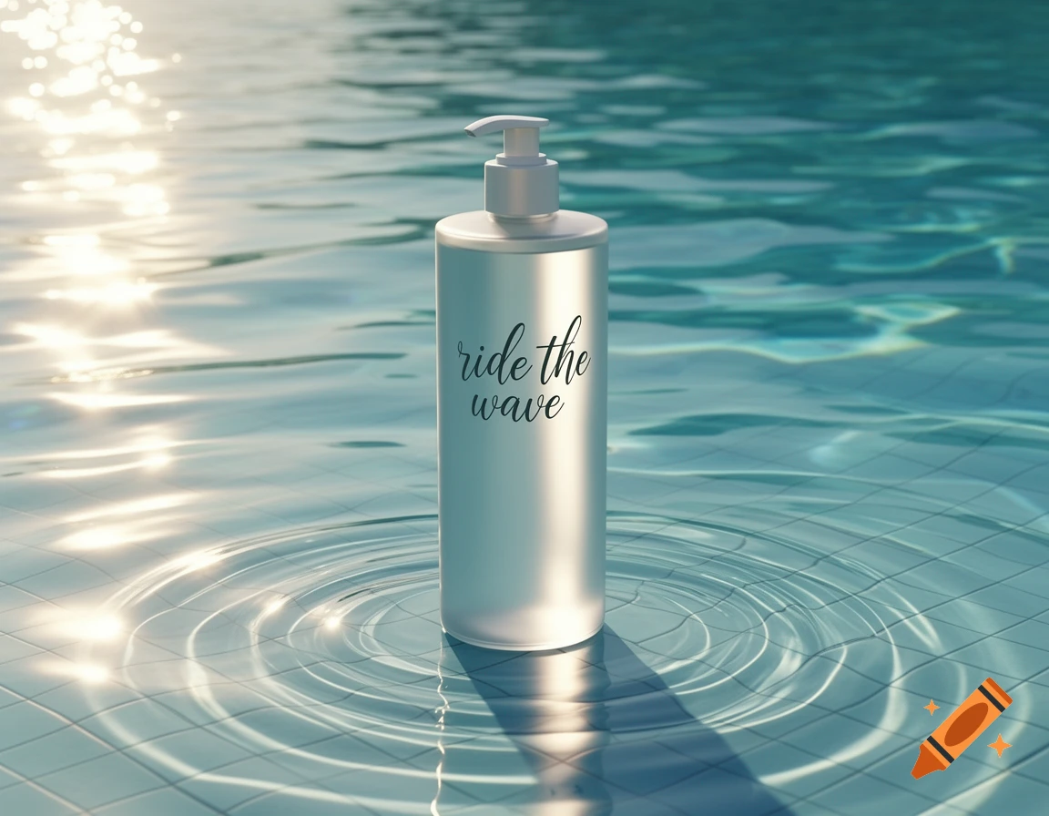 A silver pump bottle labeled 'ride the wave' stands in a clear blue swimming pool with water ripples and sun reflections.