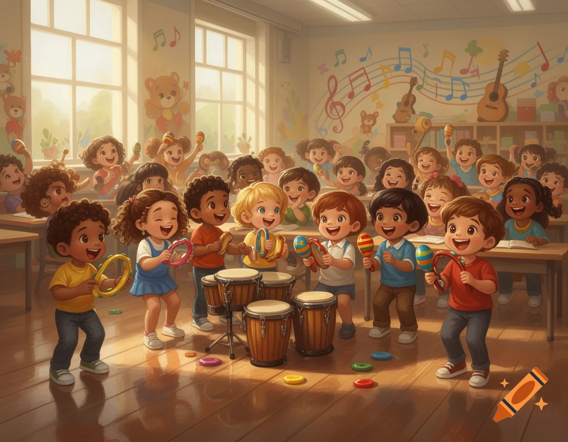 Cartoon illustration of a diverse group of happy kids playing drums, maracas, and tambourines in a bright classroom.