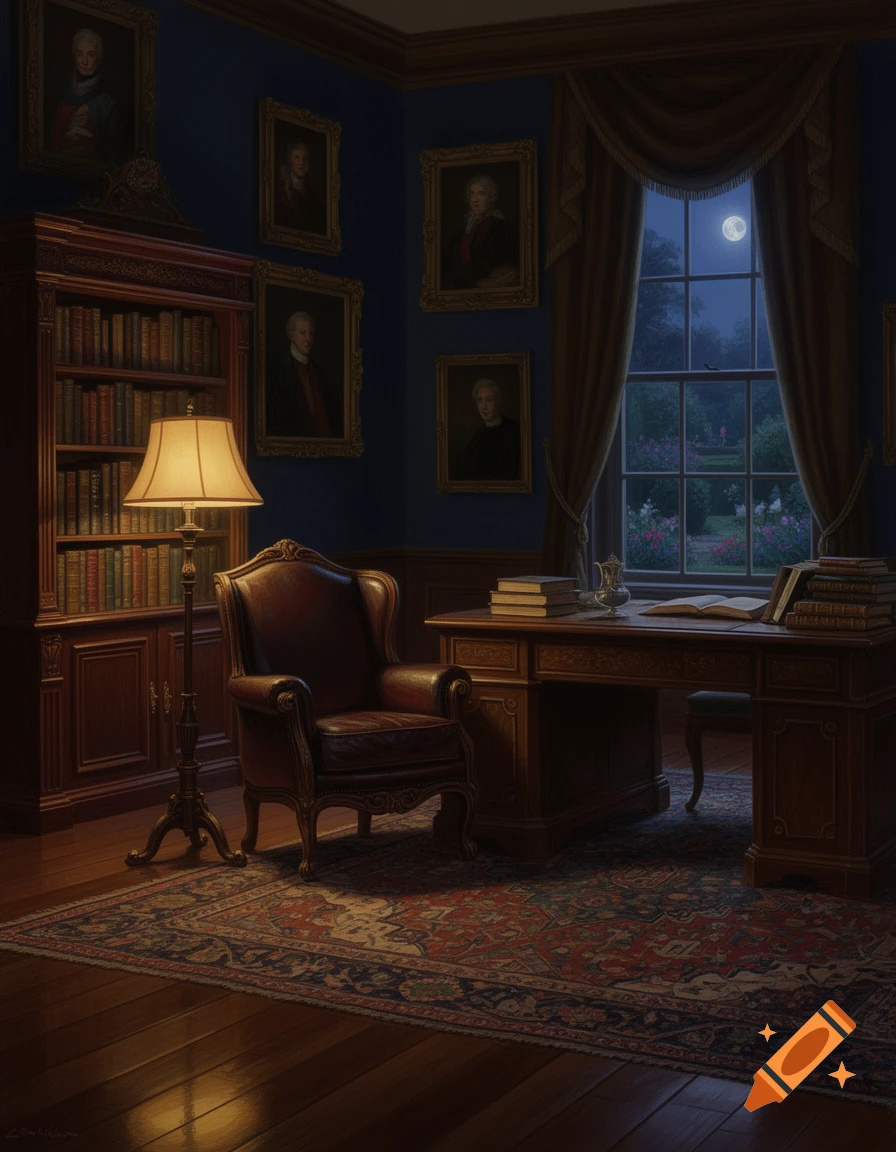 A warm, classical study at night, featuring a leather armchair, wooden desk, bookshelf, and a window overlooking a moonlit garden.