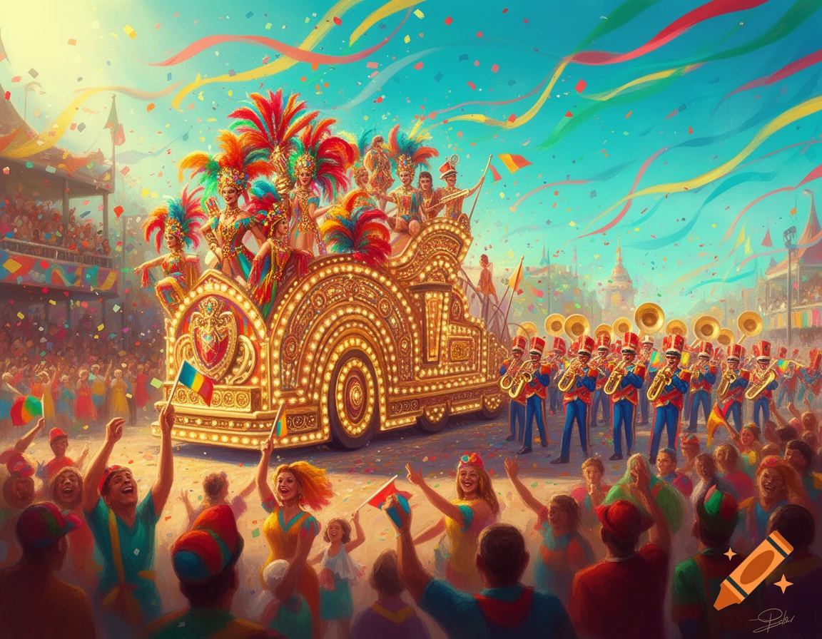 A vibrant carnival parade featuring a golden float with dancers in feather costumes, a marching band, and a cheering crowd.