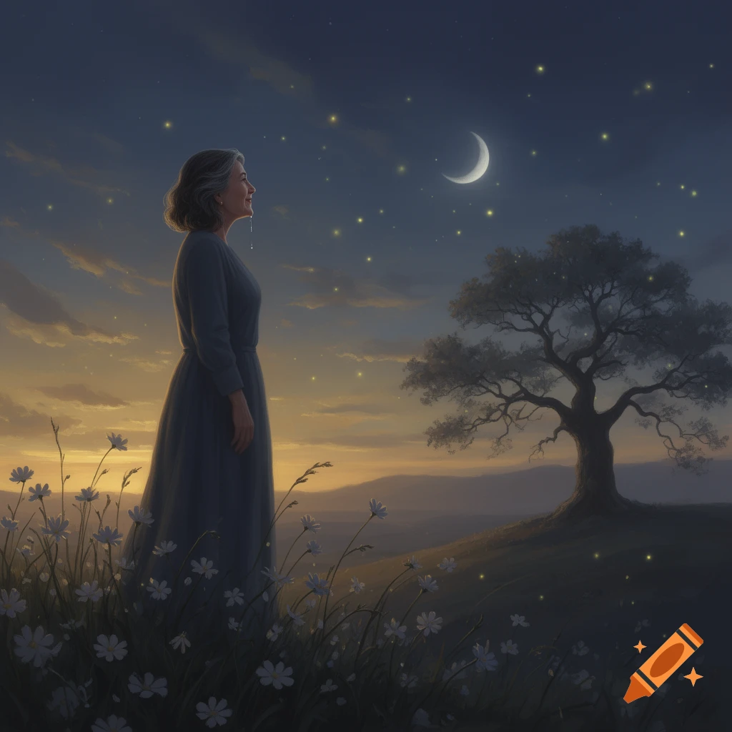 A woman in a field of daisies looks up at a crescent moon and stars, with a large tree and hills in the background at twilight.