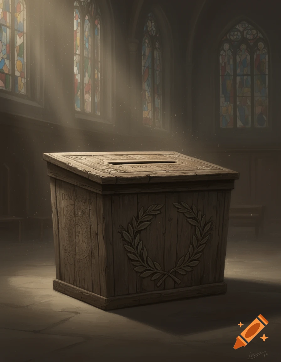 A wooden ballot box, also resembling a coffin, with a laurel wreath and "DEMOCRAT" inscribed, in a dimly lit church with stained glass windows.