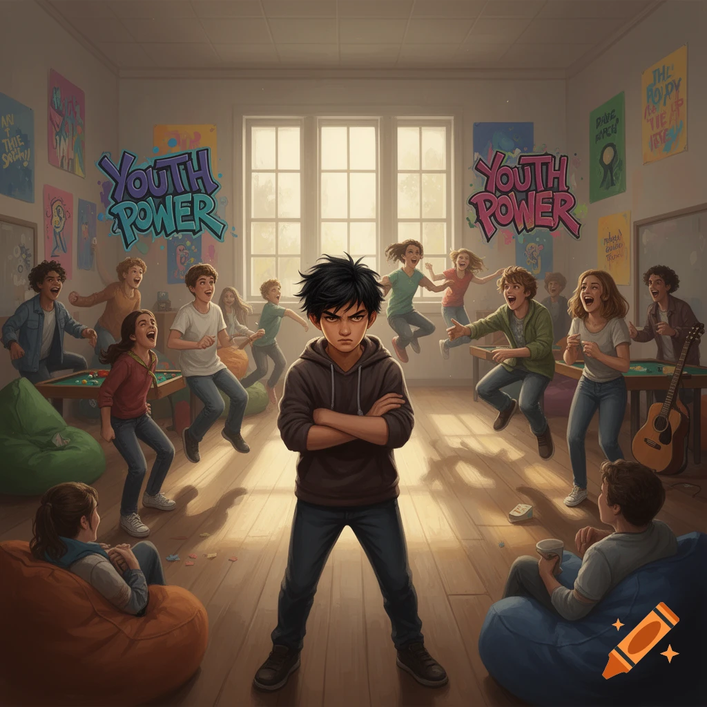 An angry boy with dark hair and a hoodie stands with crossed arms in the foreground, surrounded by a lively group of diverse teenagers playing and jumping in a youth group room with "YOUTH POWER" graffiti on the walls. Illustrated style.