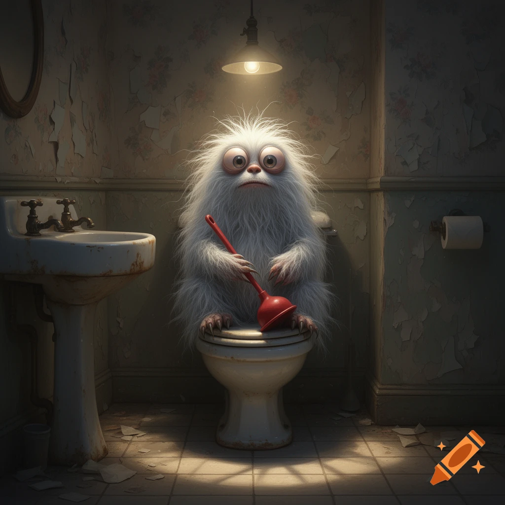 A photorealistic, fluffy white creature with large eyes sits on a toilet, holding a red plunger in a dirty bathroom.