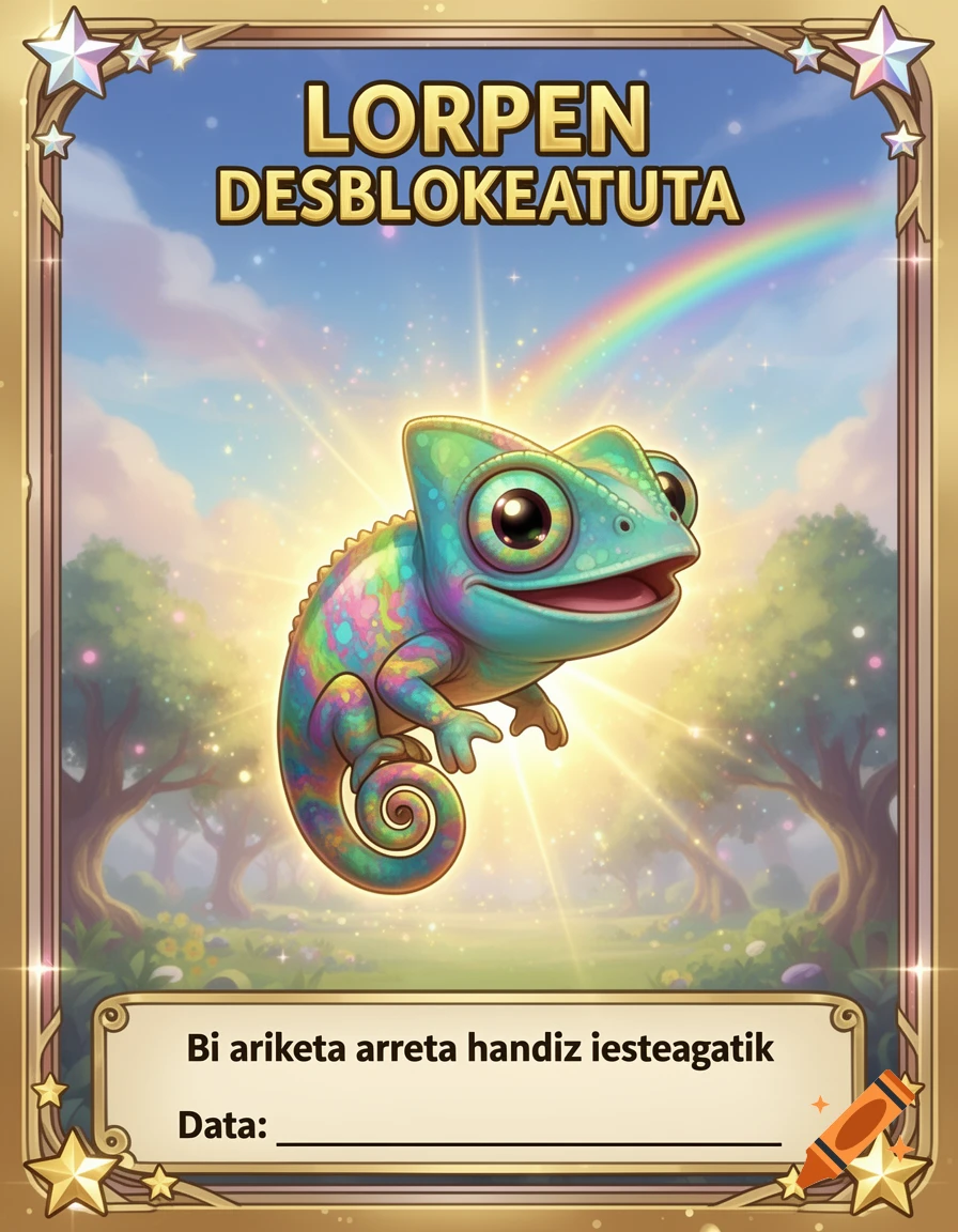 A vibrant collectible card features a friendly, multi-colored chameleon against a fantasy backdrop with a rainbow. The top reads "LORPEN DESBLOKEATUTA".