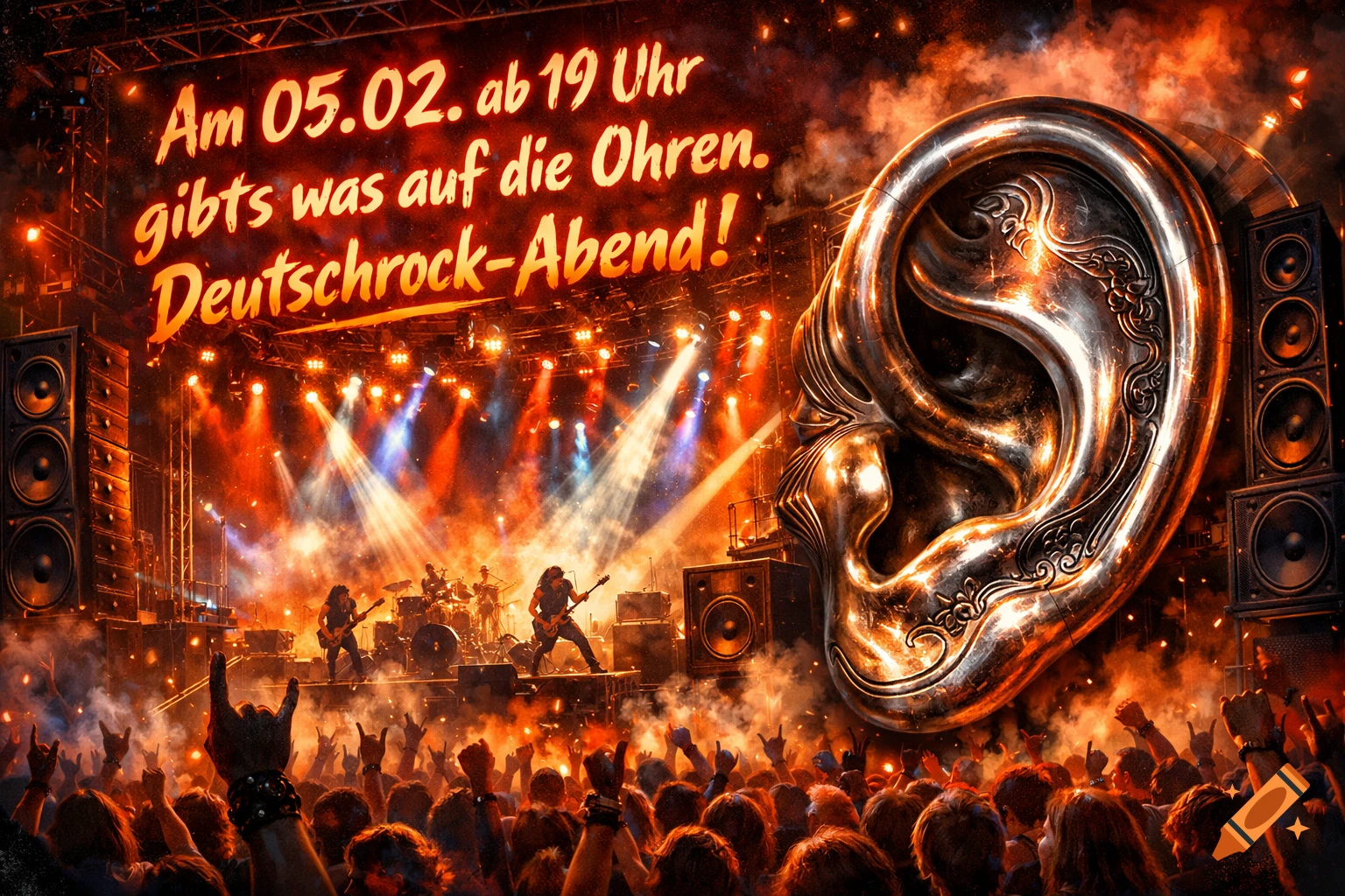 Dynamic rock concert scene with a band on stage, cheering crowd, fiery lights, and a giant ornate metallic ear. German text reads 'Deutschrock-Abend!'.