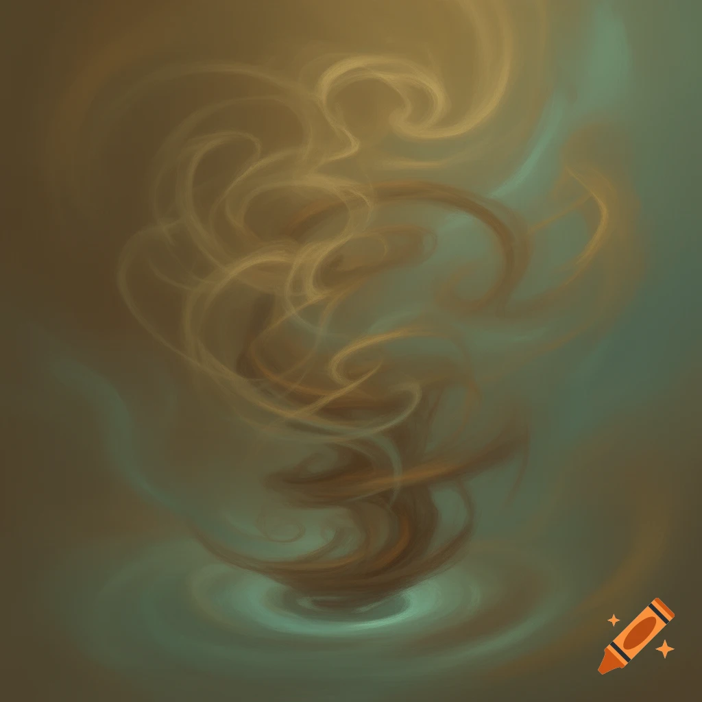 An abstract image of golden and brown swirls rising from a teal base against a muted background, resembling smoke or a vortex.
