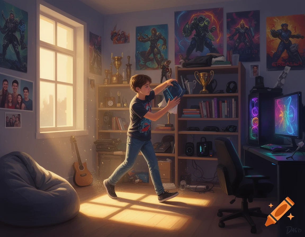 A teen boy tidies his sunlit gaming room, with posters, trophies, and a computer setup visible.