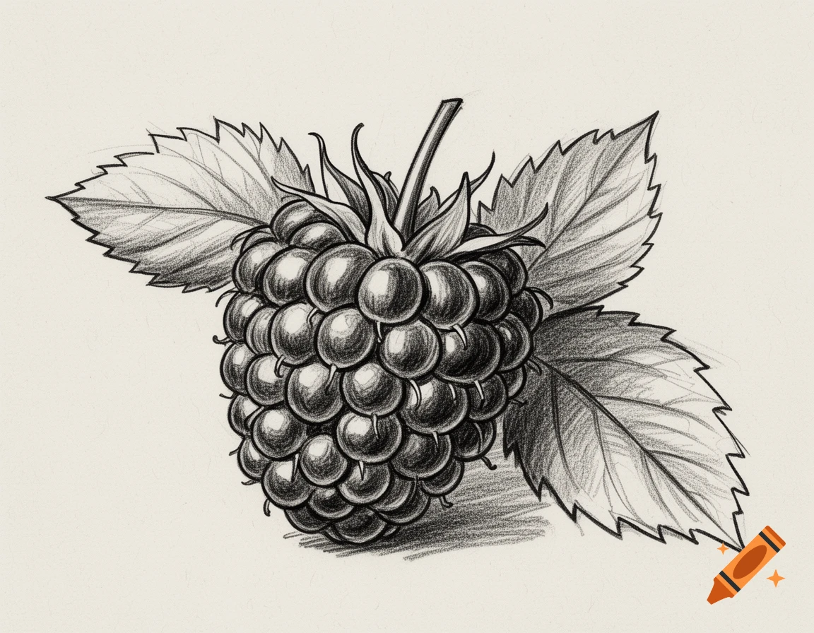 Black and white pencil drawing of a detailed blackberry with two leaves.
