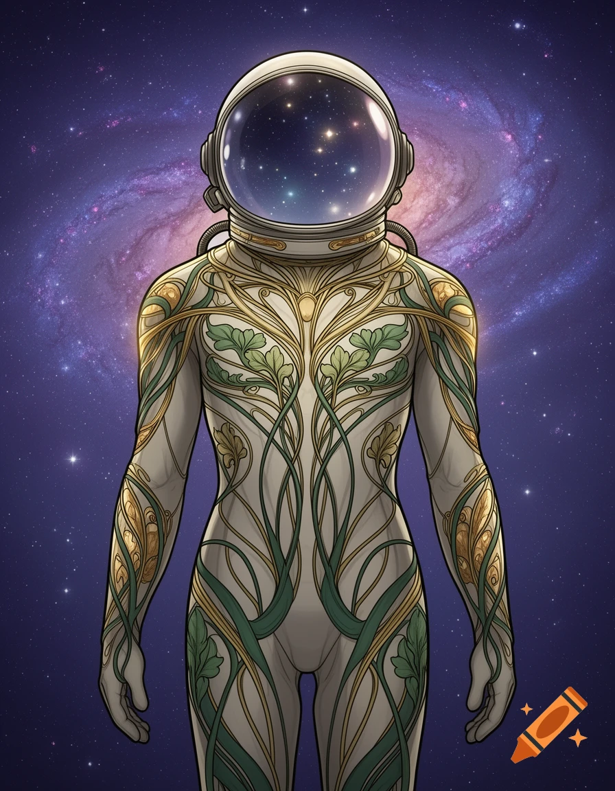 An ornate Art Nouveau spacesuit with green and gold leaf patterns, against a galaxy filled with stars.