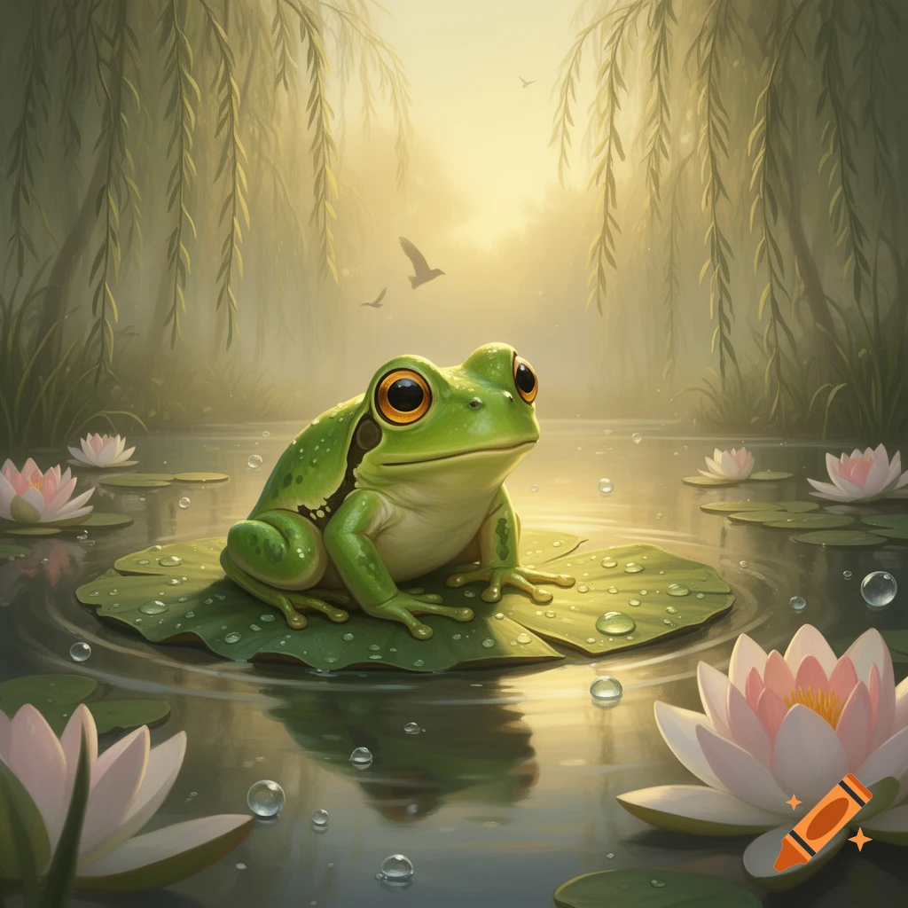 A bright green frog with big orange eyes sits on a dewy lily pad amidst pink lotus flowers and willow trees in a misty, sunlit pond.