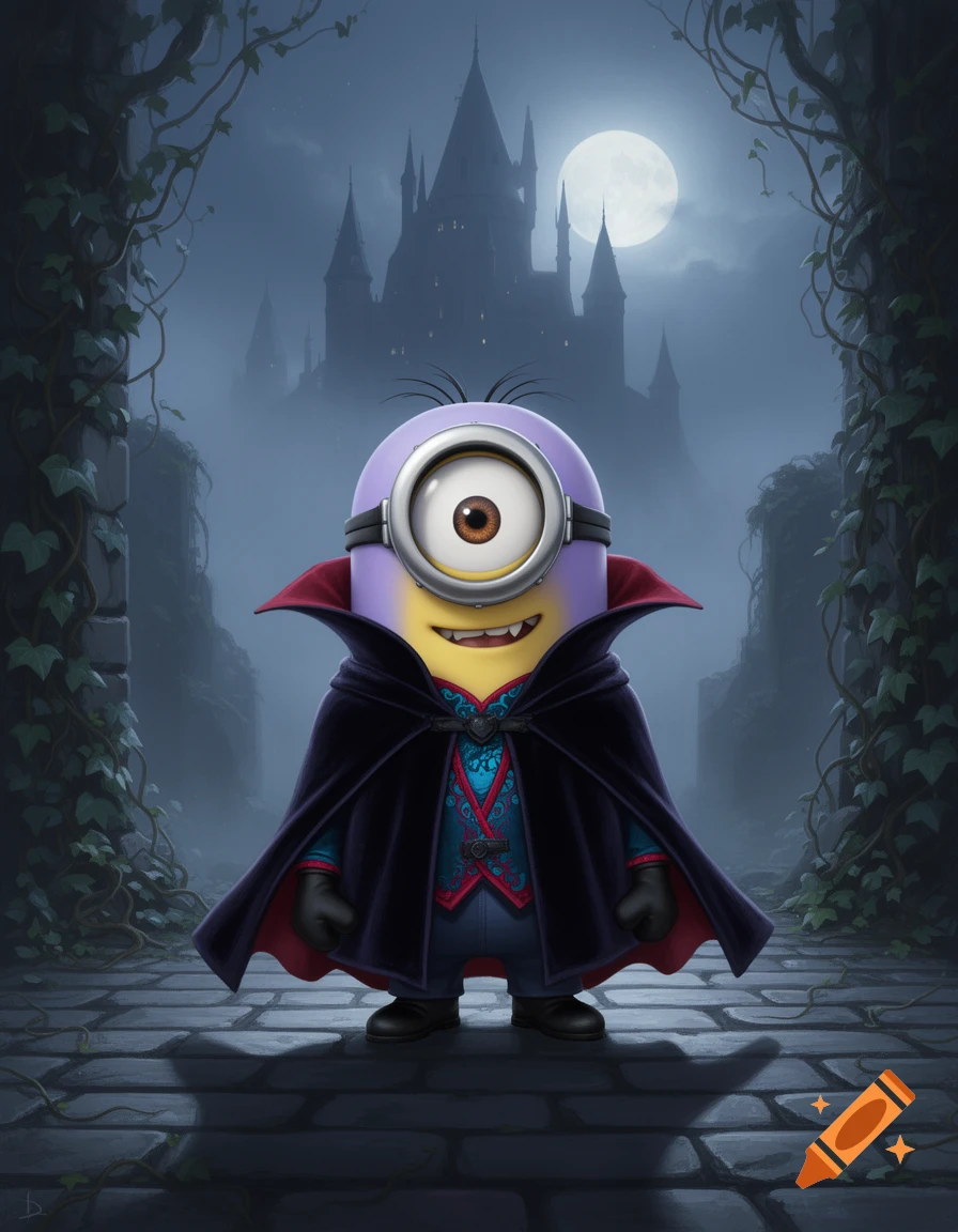 A purple Minion vampire in a black cape stands before a spooky gothic castle under a full moon, with ivy-covered pillars.