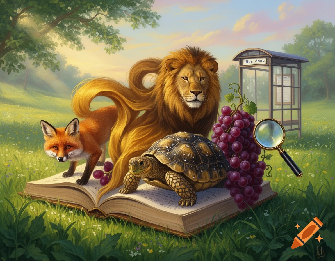 Whimsical illustration of a lion, fox, tortoise, grapes, and magnifying glass on an open book in a sunny field with a bus stop.