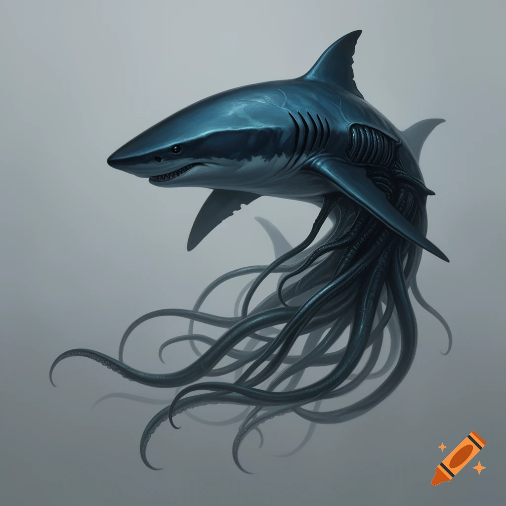 A blue xenomorph shark with multiple tentacles instead of a tail, swimming against a light gray background.