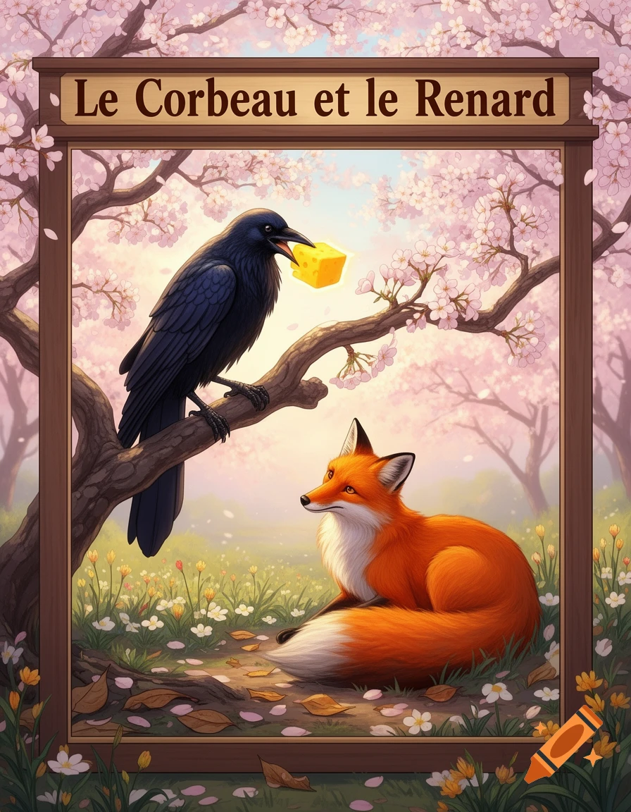 A cartoonish illustration of a black raven on a cherry blossom tree branch holding cheese in its beak, looking at a red fox sitting below. The title "Le Corbeau et le Renard" is above.