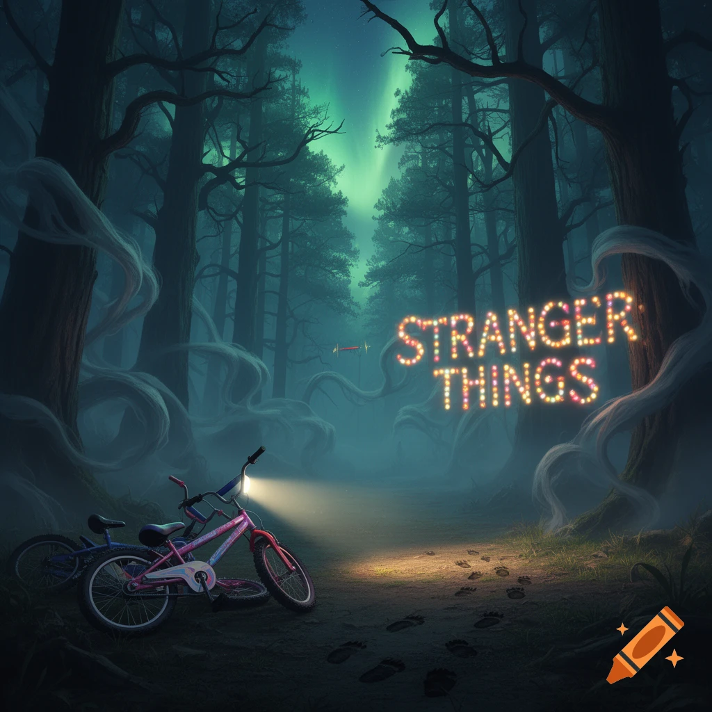 A dark, mysterious forest with glowing 'STRANGER THINGS' text, bicycles, and footprints on a path under a green aurora.