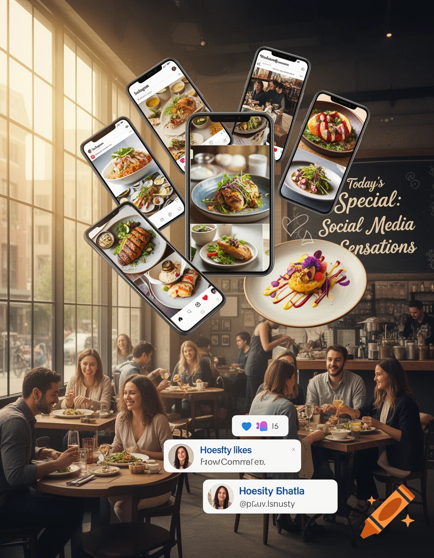 Photorealistic image of people dining in a bustling restaurant, with multiple smartphone screens displaying food photography floating above their tables.