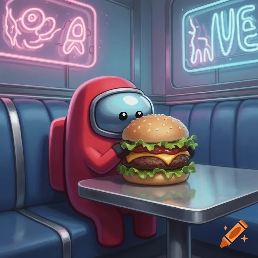 A red Among Us character, with wide eyes, sits in a retro diner booth holding a large cheeseburger at a table, with neon signs in the background.