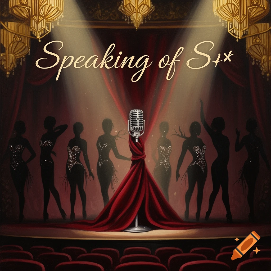 Stylized painting of a vintage burlesque stage with silhouetted dancers and a microphone. Text: 'Speaking of S*x'.