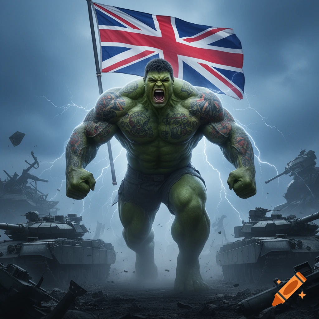 A muscular, tattooed green Hulk-like figure roars, holding a British flag, amidst destroyed tanks and lightning in a stormy sky.