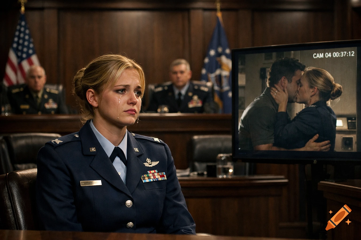 A crying blonde woman in a US Air Force uniform sits in a wood-paneled courtroom, watching a screen showing her kissing a man.