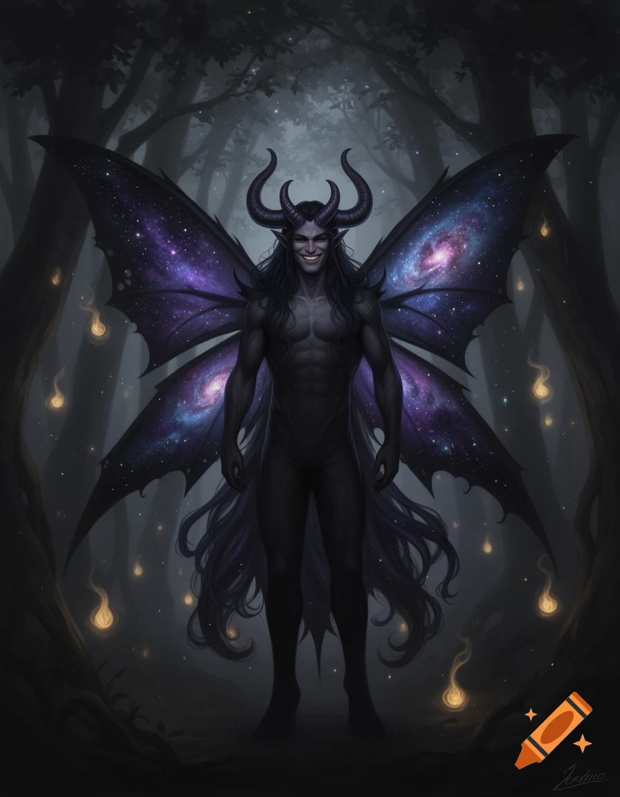 A dark horned male fairy with galaxy wings and long hair smiles in a ...