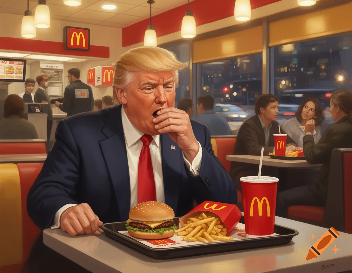 Photorealistic image of Donald Trump in a blue suit and red tie eating a burger and fries at a McDonald's restaurant.