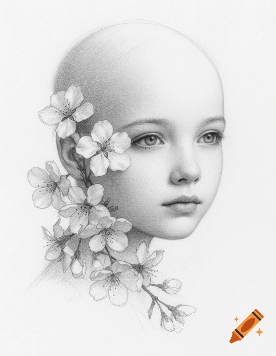 A detailed monochrome pencil drawing of a girl's face in profile, with ...