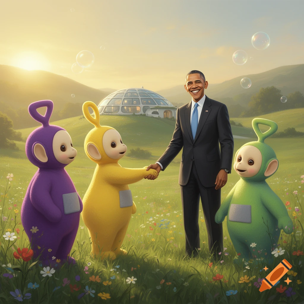 Barack Obama shakes hands with a yellow Teletubby while other Teletubbies stand nearby in a sunny, grassy landscape with flowers, bubbles, and a futuristic dome.